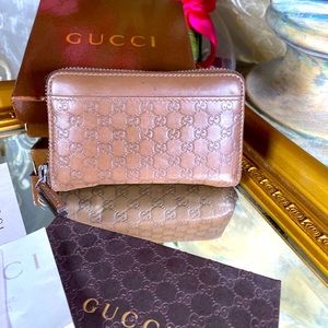 AUTH GUCCI LEATHER LOGO Embossed Card Coin Purse & KeyChain Tan Zip Round Wallet